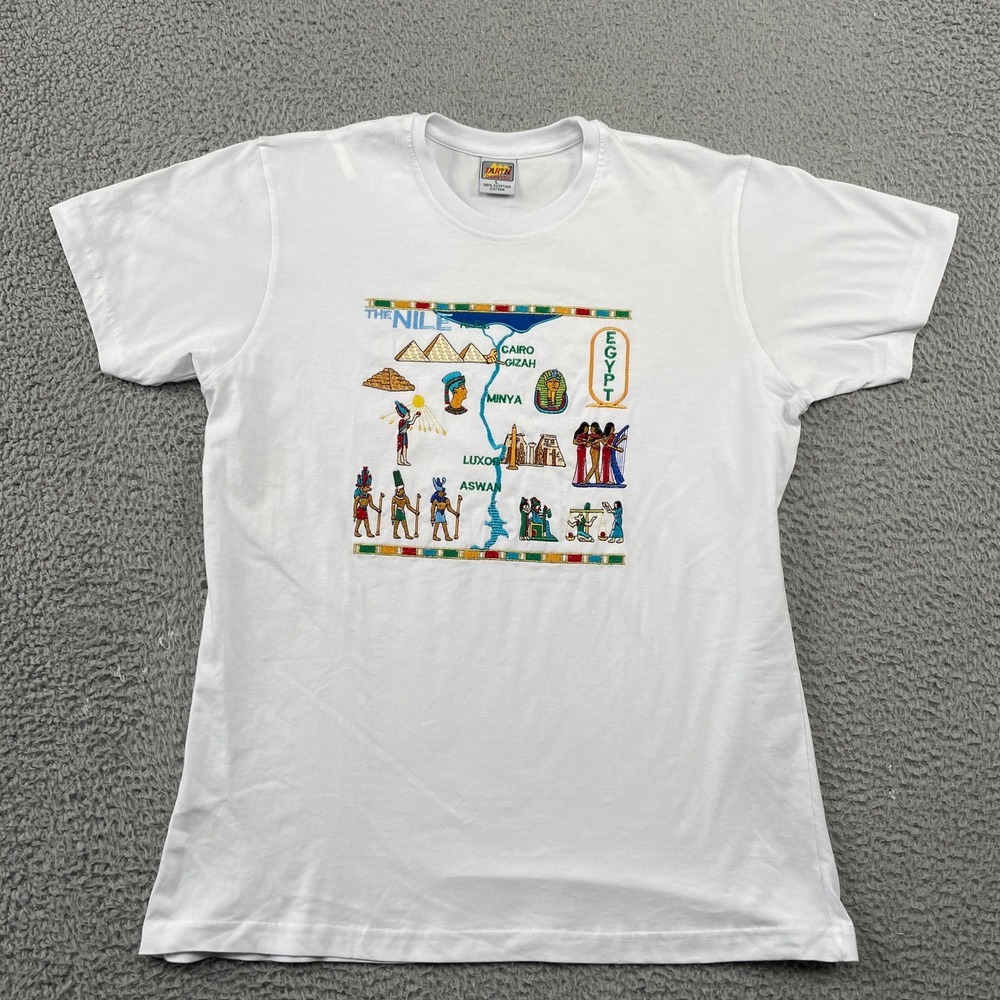 Egypt T-Shirt Mens L White The Nile Map Embroidered Egyptian Cotton Tee